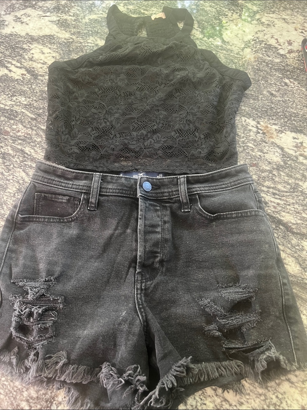 Bundle - Hollister Black Jean Shorts Waist 27 & Black cropped lace stretch top M